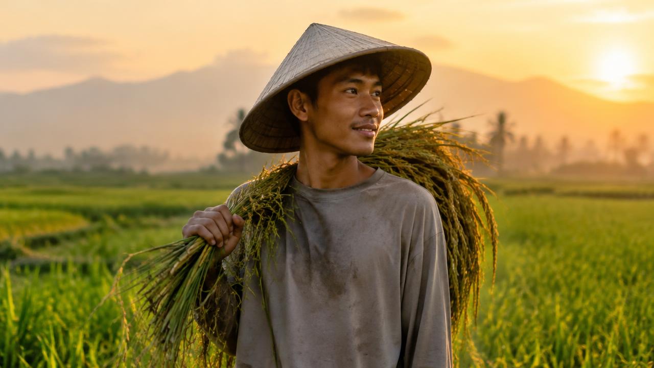 Petani muda memanggul padi di sawah saat senja