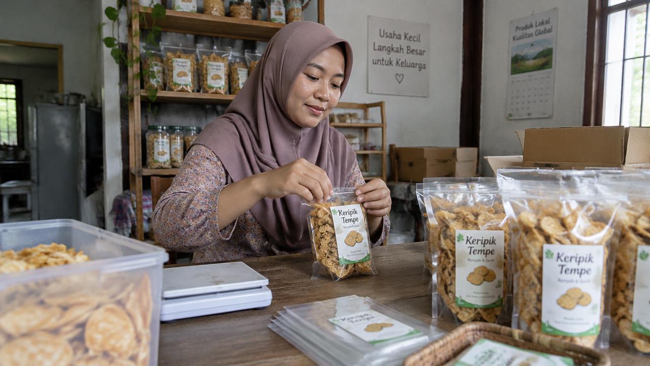 Pelaku UMKM mengemas keripik tempe